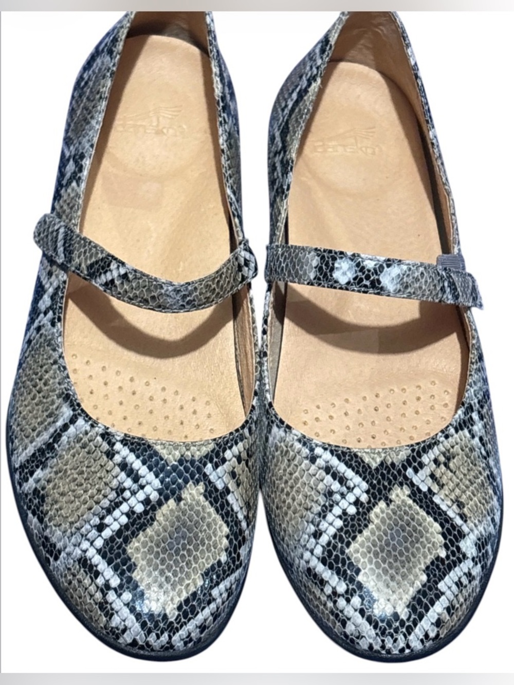 Dansko Snake-Print Mary Jane Flats in Black, Gray, Cream
